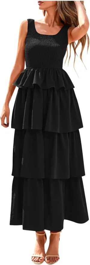 Women's Summer Sleeveless Maxi Sundress Swing Smocked Ruffle Flowy Tiered Wrap Dress Beach Travel Vacation Outfits
