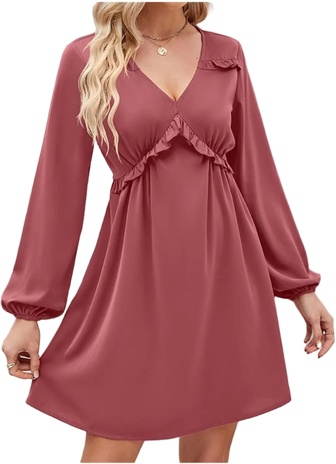 Womens V Neck Dresses 2023 Sexy Fashion Ruffle Short Dress Casual Long Sleeve High Waist Aline Fall Midi Dress