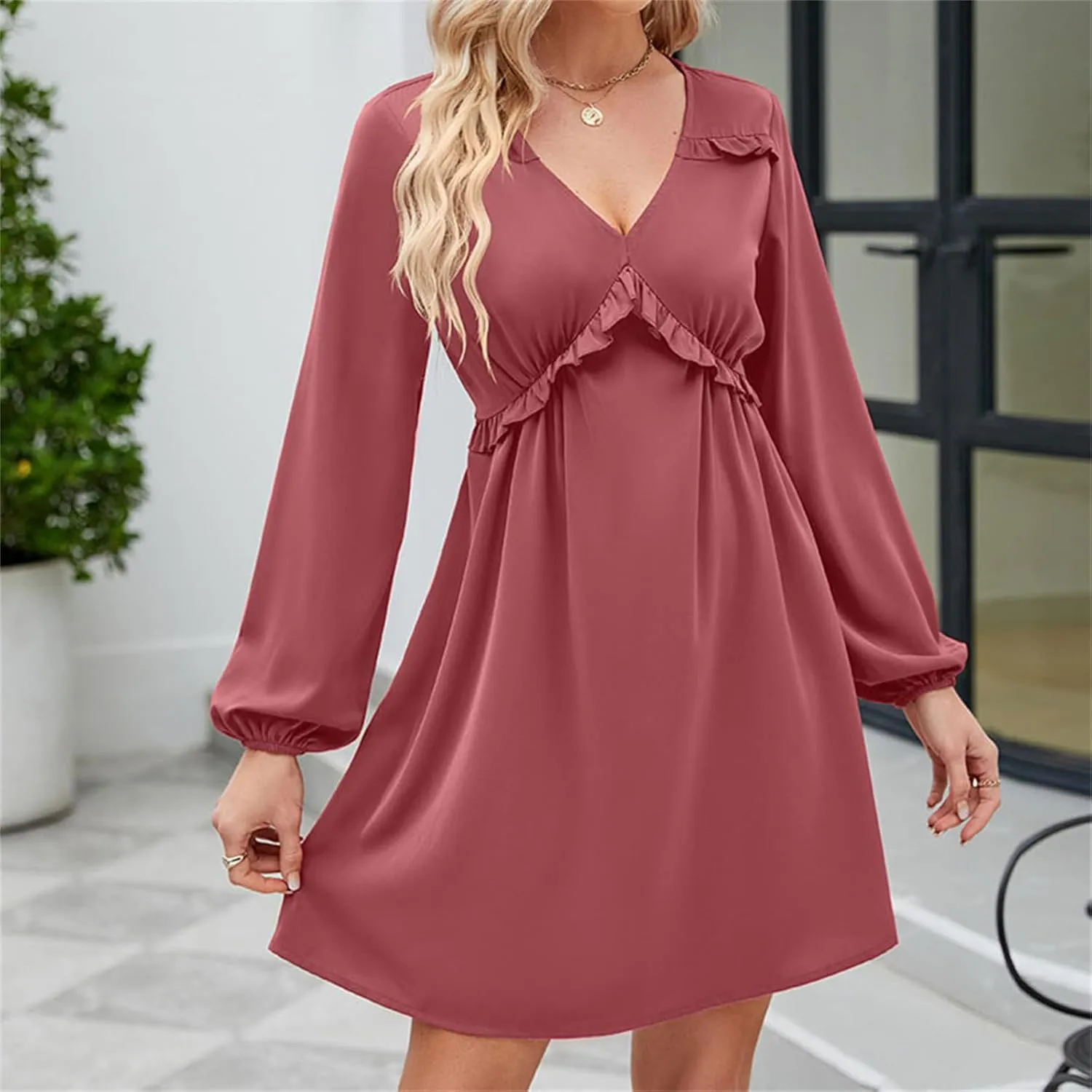 Womens V Neck Dresses 2023 Sexy Fashion Ruffle Short Dress Casual Long Sleeve High Waist Aline Fall Midi Dress
