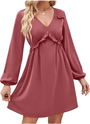 Womens V Neck Dresses 2023 Sexy Fashion Ruffle Short Dress Casual Long Sleeve High Waist Aline Fall Midi Dress